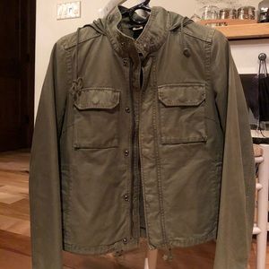J Crew army green jacket with hood.